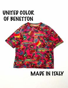 【ITALY製】80’s-90’s UNITED COLOR OF BENETTON ベネトン 総柄 Tシャツ カットソー トップス 半袖 プリント ビンテージ Vintage 古着