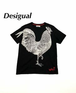 【美品】Desigual デジグアル ビッグプリント刺繍 Tシャツ 半袖 ブラック ニワトリ 黒 カジュアル スペイン ブランド 大量 まとめ