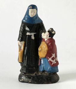 即決★ 古い土人形　尼さんと女の子　郷土玩具　戦前　時代物　昭和レトロ　民芸品　アンティーク　陶器人形