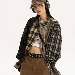 バイカラーチェックシャツ L0395