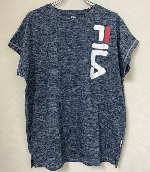 新品 L ★ FILA フィラ レディース 半袖 ドルマン チュニック Tシャツ ネイビー 杢 FL6450 ビッグ ロゴ UV加工 吸水速乾 ストレッチ