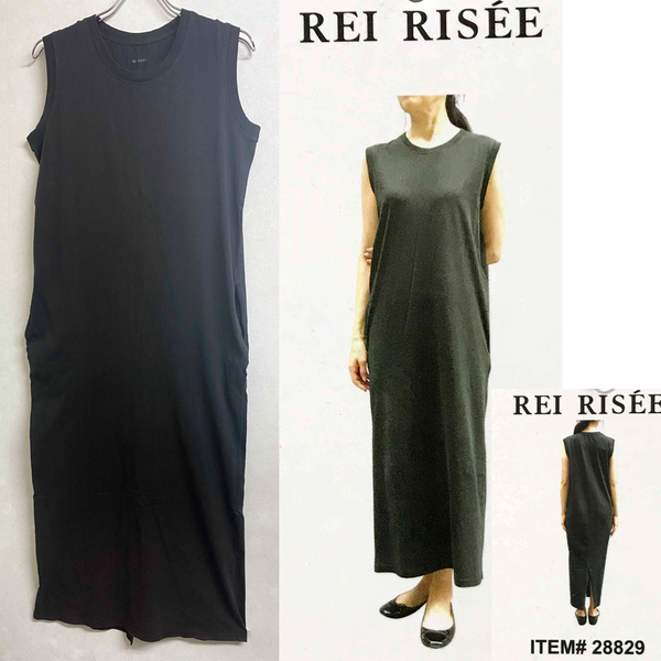 新品 XL ★ コストコ REI RISEE コットン ロングワンピース ブラック ノースリーブ シンプル レイリーゼ スリット ストレッチ 黒 LL