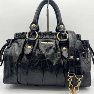 ◎美品◎miumiu ミュウミュウ ハンドバッグ ショルダーバッグ 2way レザー 本革 ギャザー リボン ヴィッテロ ブラック 黒 金具 レディース