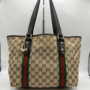 美品◎大人気品 GUCCI グッチミニ トートバッグ ハンドバッグ シェリーライン チャーム GG柄 キャンバス レザー ベージュ 肩掛け 鞄 本革