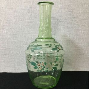 昭和レトロ　アンティーク　ウランガラス　デキャンター　花瓶　エナメル彩