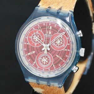 1 jpy QZ guarantee / box attaching Swatch 22 stone 404 red face Chrono round lady's wristwatch KRK 0916000 5NBG1