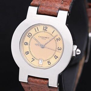 1 jpy operation Chaumet 12R0142 QZ orange face round leather belt men's wristwatch DOI 0012100 5BJT