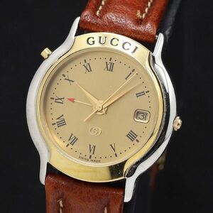 1円 箱付 グッチ 8200M GMT デイト QZ ゴールド文字盤 レディース腕時計 TKD 9274100 5KHT