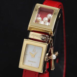 1 jpy operation superior article Mikimoto QZ white shell face Gold pearl / charm attaching square 2 ream lady's wristwatch 2000000 5NBG2 OMI