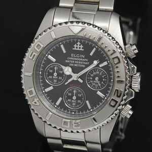 1 jpy operation QZ superior article Elgin 200M Deluxe FK-1120N-SL 12120198 black face Chrono men's wristwatch KRK 2011000 5BJY