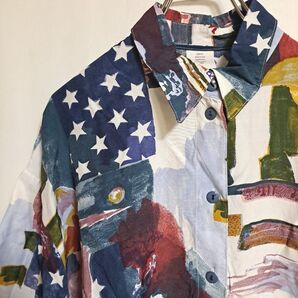US古着 半袖シャツ 総柄 アメリカンモチーフ 星条旗 薄手