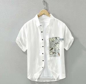 半袖シャツ　夏　リネンシャツ　リネンブレンド　カジュアルシャツ　サマーシャツ　トップス　海シャツ サイズ選択可 白