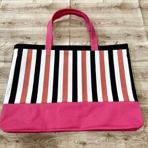 キャンバス生地トートバッグ ハンドメイド ピンク 黒 ストライプ柄 レッスンバッグ