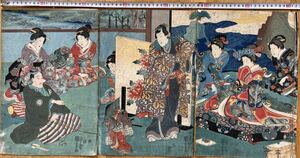 [ genuine work ] genuine article ukiyoe woodblock print . river country .[. mawashi ] Edo period beautiful person map source . three sheets . large size .. preservation is good 