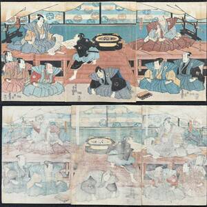 Art hand Auction Edo period/genuine work by Toyokuni Utagawa, authentic ukiyo-e woodblock print, kabuki picture, actor picture, theater picture, nishiki-e, large size, triptych, backed, Painting, Ukiyo-e, Prints, Kabuki painting, Actor paintings