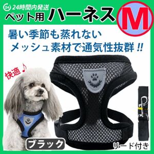 犬 ハーネス【Ｍサイズ】メッシュ素材で蒸れない・暑くない　苦しくないベストタイプ　ブラック　リード　胴輪 首輪 ワンちゃん