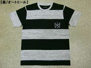 新品 メンズ アメカジ ストリート B系〔ネックレス付き〕太ボーダー ポケット付 半袖Ｔシャツ 黒M トレンド カジュアル ビター系 ロゴT 夏