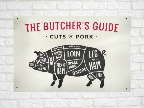 ブリキ看板 Butcher's guide 178 Pork 豚 メタルプレート カフェ キッチン アメリカン雑貨 インテリア雑貨 サインボード レトロ ビンテージ
