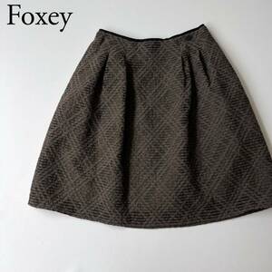 美品 FOXEY BOUTIQUE フォクシーブティック フレアスカート パヴェ エスプレッソ 膝丈スカート ロゴプレート チェック柄 格子柄 日本製