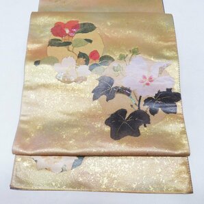 ★きもの北條★ 螺鈿箔 椿模様 引箔 丸花文 引箔 三通 中古 正絹 袋帯 T672-10の画像1