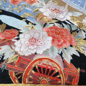 ★きもの北條★ 蘇州刺繍　中国刺繍　花車　お太鼓柄　引箔　中古　正絹　袋帯　T669-15