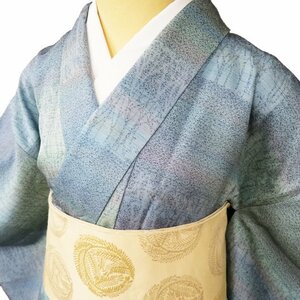 小紋 着物 中古 正絹 単衣 カジュアル 市松取り 木々のシルエット 青系色 多色 身丈157.5cm 裄63cm M きもの北條 A1017-6