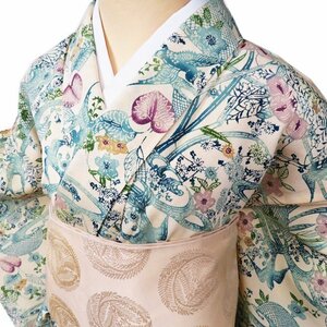  fine pattern kimono used silk single . casual .. ground . water . flowers and birds pattern .. color blue green color many color length 158cm.65cm M kimono north .A1020-7