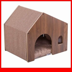 ペット用品★新品/ペットハウス 家 小屋/犬 猫 兼用 清潔 洗えるクッション付き 天然木製/ブラウン/a1