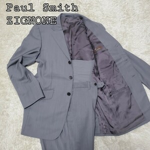 1円スタート　Paul Smith　スーツ　セットアップ　ストライプ　ウール　背抜き　ZIGNONE 白タグ　Lサイズ グレー ビジネス 　春夏