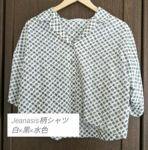 Jeanasis 半袖 柄シャツ ブラウス 白×黒(紺)×水色 フリーサイズ 短め丈 ☆値下げしました☆