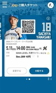 5/11（土）北海道日本ハム vs 千葉ロッテマリーンズ MAIN LEVEL 外野ライト 2枚