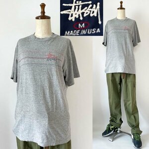 ★【USA製 1990年代 紺タグ】名作 ビンテージ STUSSY ステューシー シンプルラインロゴデザイン Tシャツ 半袖 M ライトグレー系