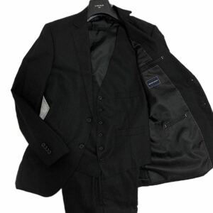 《美品》 ザ・スーツカンパニー THE SUIT COMPANY　セットアップ100sスリーピーススーツ　ブラックシャドーストライプ微光沢 L相当