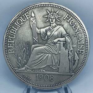 あ83記念メダル フランス領インド 1908年 豊谷の女神 外国硬貨 貿易銀 海外古銭 記念メダル コレクションコイン 重さ約156g