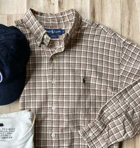 ★美品！古着 polo ralph lauren ポロ ラルフローレン BLAKE コットン ボタンダウン 長袖 チェック シャツ L ベージュ ブラウン