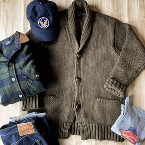 ★良品！古着 90s jcrew ジェイクルー ウール ショールカラー ニット セーター カウチン カーディガン／llbean woolrich エディバウアー