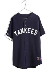 MLB オフィシャル Majestic ヤンキース ベースボール シャツ メンズ XL 程/ 古着 ゲームシャツ ユニフォーム メジャーリーグ 半袖シャツ 紺
