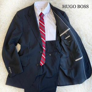 HUGO BOSS ヒューゴボス セットアップ スーツ スラックス 48サイズ 2つボタン スーパー120's ブラック×ブルーストライプ 黒 青　L