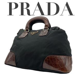 PRADA プラダ　D5　ナイロン　クロコ型押し　レザー　ハンドバッグ　三角ロゴ