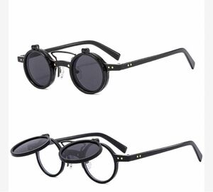 伊達メガネ　丸眼鏡　跳ね上げ式　ブラック　個性的　サングラス　レトロ 黒×黒