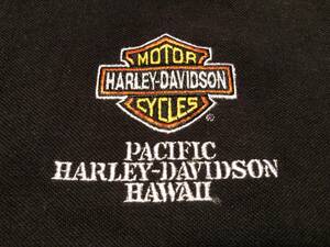 USED【HARLEY DAVIDSON】POLO SHIRT★size:M パシフィックハーレーダビッドソンハワイ/ポロシャツ/鹿の子/刺繍ロゴ/ブラック@送料520円