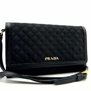 1円■美品■ PRADA プラダ ショルダーポシェット バッグ ウォレット 鞄 かばん キルティング レザーキャンバス ブラック 黒 金具 正規品