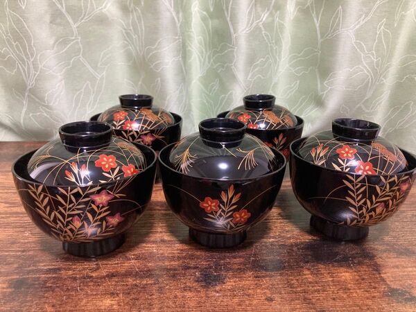 輪島塗椀 草花金蒔絵 黒塗御吸物椀 五客 木製漆器 漆芸懐石会席