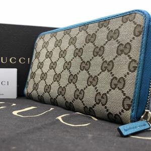 【極美品/希少色】GUCCI グッチ 長財布 ラウンドファスナー ウォレット ジップ GG柄 キャンバス レザー ターコイズブルー 青 メンズ