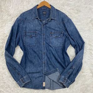 極美品◎XXL相当 アルマーニ エクスチェンジ デニムシャツ 長袖 ドレス ジャケット ARMANI EXCHANGE イーグルバッジ メタルボタン 3L 春夏の画像1