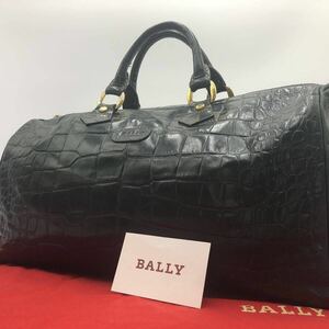 1円『美品/希少色』BALLY バリー ボストンバッグ ハンド クロコ型押し トラベル ビジネス メンズ ロゴ 旅行 出張 仕事 A4可 グリーン 緑