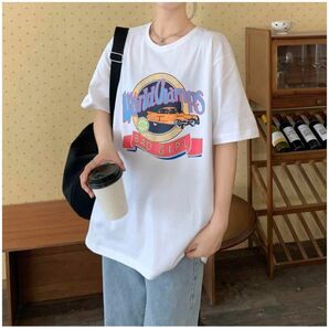 トップス Tシャツ プリント ゆったり レトロ 着回し カジュアル 大人可愛い 韓国ファッション 白 ホワイト 夏 半袖 車 ロゴ