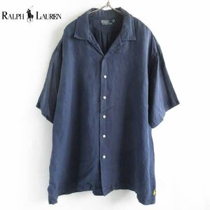 90s Polo ポロ ラルフローレン 半袖シャツ XXL 紺系 シルク×リネン オープンカラー 開襟 ネイビー caldwell clayton D149-04-0001XV