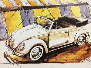 【正規品 絶版】Bowイラスト ポストカード フォルクスワーゲン ビートル カブリオレ カーマガジン VW Beetle Cabriolet 絵葉書 旧車 絵