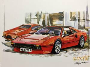 【正規品 絶版】Bowイラスト フェラーリ308GTS カーマガジン 207 Ferrari 308GTS アンティーク インテリア クラシックカー 旧車 絵